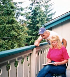 Bob Blevins and Gayla Prociv on a porch.