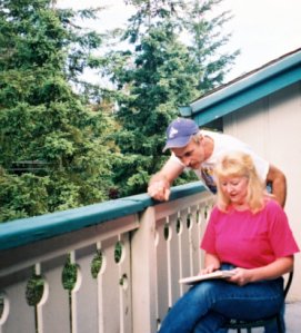 Bob Blevins and Gayla Prociv on a porch. Bob Blevins and Gayla Prociv on a porch.