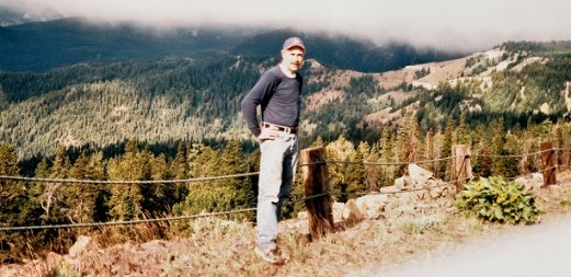 Watch out behind you, Bob! Bob Blevins in the woods.